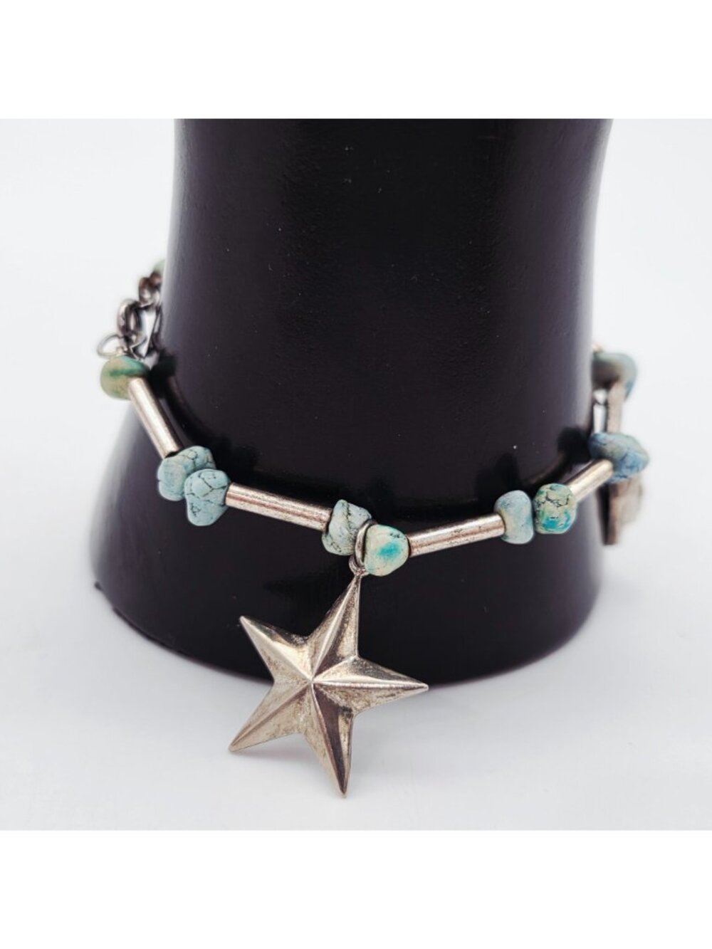 Native American Style Silver Tone Charm Bracelet Turquoise Beads Star Bird Face - Picture 4 of 8